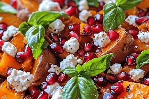 Try this vibrant roasted sweet potatoes with goat cheese & pomegranate recipe. A perfect side dish with sweet, creamy, and tangy flavors! Sweet Potato Pomegranate Recipes, Roasted Sweet Potatoe Rounds With Goat Cheese, Sweet Potato With Goat Cheese Recipes, Roasted Sweet Potatoes With Goat Cheese, Sweet Potatoes With Goat Cheese, Sweet Potato With Goat Cheese, Goat Cheese Potatoes, Recipes With Pomegranate, Goat Cheese Sweet Potato