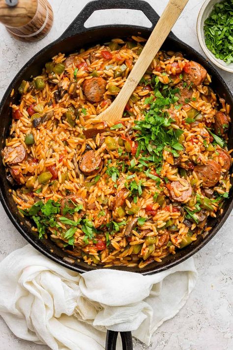 One-Pan Orzo and Chicken Sausage - Fit Foodie Finds One Pan Creamy Orzo Chicken Sausage, Garlic Chicken Sausage Recipes, Chicken Sausage And Orzo, Sausage Orzo Recipes, Italian Sausage And Orzo, Chicken Sausage Orzo, Italian Sausage Orzo, Orzo And Chicken, Sausage And Orzo