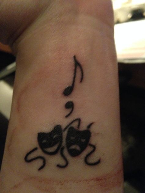 My first tattoo. A music note, a semicolon, and theatre masks. Theater Tattoo, Theatre Tattoo, Music Note Tattoo, Semicolon Tattoo, Note Tattoo, Theatre Masks, Music Tattoo, Hand Tattoos For Guys, Music Note