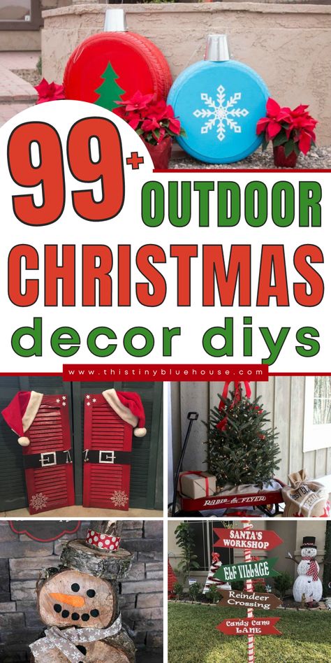 Here are over 100 of the best DIY outdoor Christmas decor ideas. These fun and creative decor ideas are the perfect way to add some Holiday spirit to the outside of your home. Diy Backyard Christmas Decor Ideas, Outside Christmas Theme Ideas, Christmas Ideas For Outside, Cute Christmas Signs Diy, Diy Outdoor Christmas Present Decor, Front Door Christmas Decor Diy, Inexpensive Outdoor Christmas Decor, Christmas Outside Decorations Diy, Christmas Porch Decorating Ideas Diy