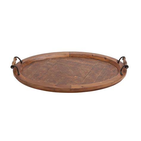 Decmode - Oval Parquet Wood Tray with Handles, 29" x 19" - Walmart.com - Walmart.com Wooden Tray Decor, Wood Living Room Decor, Tray Table Decor, Round Wood Tray, Rustic Tray, Accent Tray, Metal Serving Trays, Wood Parquet, Ottoman Tray