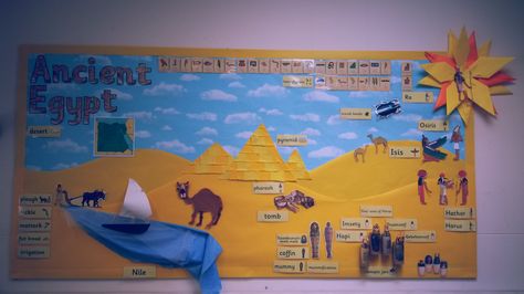 KS2 Ancient Egypt Topic/History display. 3D display using material, felt, cardboard etc. History Display, Ancient Egypt Activities, Egypt Activities, Egyptian Crafts, 3d Display, Stand Ideas, Board Display, Classroom Displays, Year 2