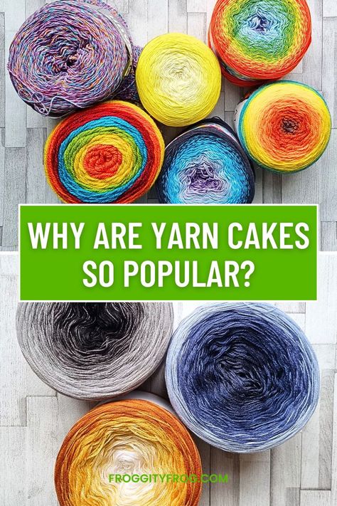 Yarn cakes are very pretty balls of yarn that generally contain several different colours of yarn, all wound up into a cylinder that we call a cake.
But why is this type of yarn so popular and what can you crochet with them?
Click to read all about yarn cakes now. Yarn Cake Ideas, Wedding Crochet Patterns, Yarn Cakes, Winding Yarn, Crochet Cake, Frog Crochet, Crochet Accessory, Balls Of Yarn, Flower Girl Accessories