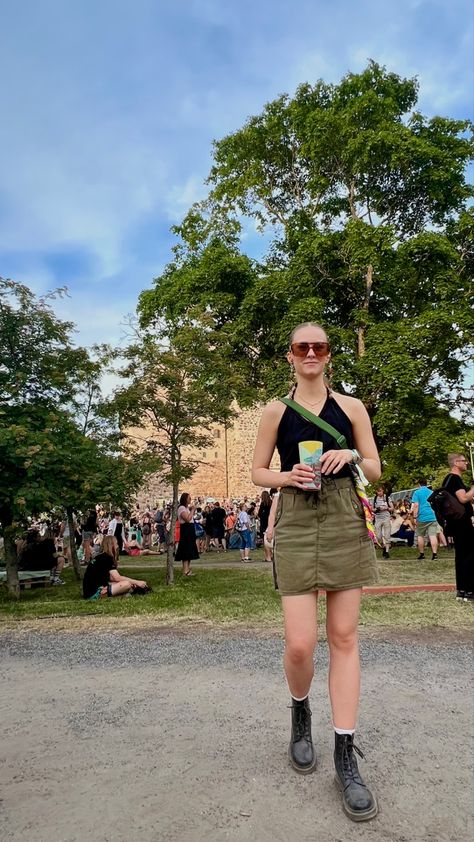 Festival outfit, concert outfit, summer outfit, doc martens outfit, ootd, green mini skirt, blacl halterneck, uniqlo bag, green bag, silk scarf Uniqlo Bag, Martens Outfit, Doc Martens Outfit, Concert Outfit Summer, Outfit Concert, Uniqlo Bags, Green Mini Skirt, Bag Green, Doc Martens