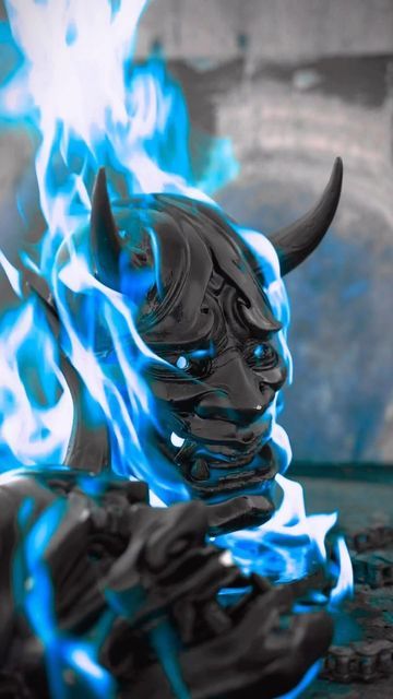 Blue Oni Mask, Blue Oni, Oni Samurai, Japanese Mask, Oni Mask, Blue Anime, Masks Art, Naruto Oc, Blue Flames