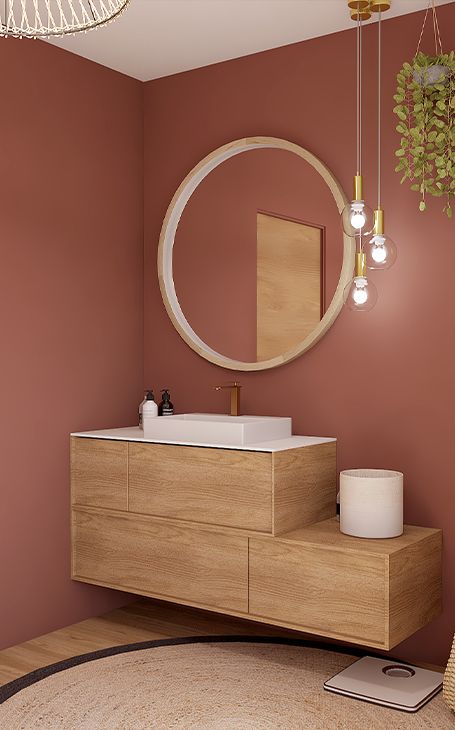 Optez pour la couleur terracotta pour apporter chaleur et style à votre décoration de salle de bains. #rhinov #salledebain #terracotta #vasque Terracotta Pink Bathroom, Pink And Terracotta Bathroom, Terracota Bathroom Ideas, Palette Couleur Terracotta, Terracotta Bathroom Walls, Bathroom Terracotta, Decoration Terracotta, Deco Terracotta, Terracotta Bathroom