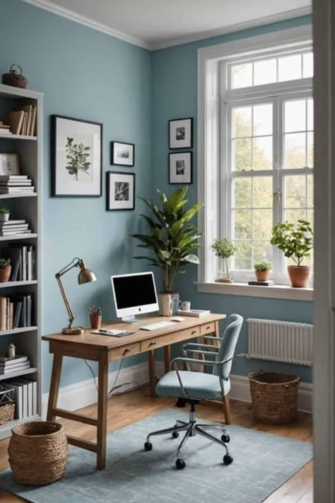 Crafting Your Oasis: Cozy Home Office Ideas that Inspire - West Magnolia Charm Light Blue And Green Office, Blue Office Guest Room, Blue Office Accessories, Teal Study Home Office, Office With Blue Walls, Blue Office Colors, Dusty Blue Office, Light Blue Office Walls, Blue Office Aesthetic