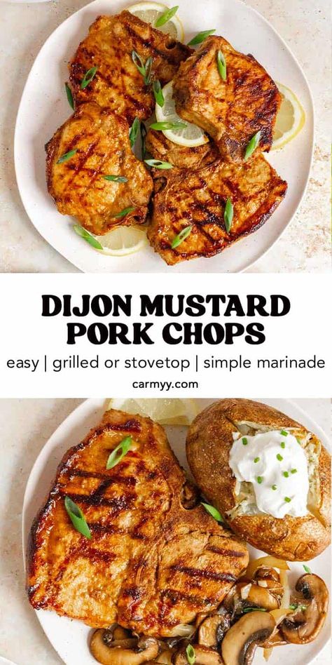 Fire up the grill (or grill pan) and make these Dijon mustard grilled pork chops for your next meal! They’re the perfect balance of sweet and tangy flavors, and they come together in a few simple steps. The marinade is made with a handful of pantry staples, so you can whip this grilled pork chop recipe up any time! Grilled Bone In Pork Chops, Pork Chop Marinade Recipes, Grilled Pork Chops Marinade, Healthy Pork Chop Recipes, Pork Chop Marinade, Pork Chop Recipes Grilled, Mustard Pork Chops, Pork Chop Recipe, Mustard Recipe