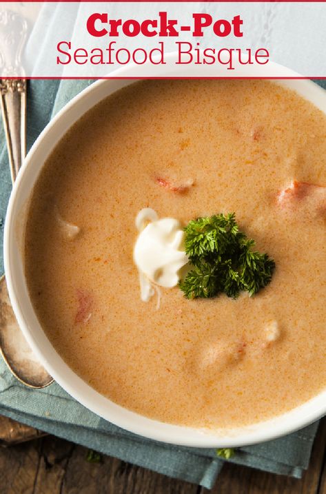 Crock-Pot Seafood Bisque - Learn how to make Crock-Pot Seafood Bisque with this easy recipe. A gourmet soup featuring shrimp and crab in every bite! [Low Carb & Low Sugar] #CrockPotLadies #CrockPot #SlowCooker #Seafood #Shrimp #Crab #SoupRecipes #Bisque #LowCarbRecipes #LowSugarRecipes Seafood Soup Crockpot, Crockpot Bisque Recipes, Crock Pot Seafood Recipes, Crab Bisque Recipe Crockpot, Crockpot Seafood, Seafood Soup In Crockpot, Seafood Bisque Crockpot, Fish In Crockpot, Crockpot Crab Bisque