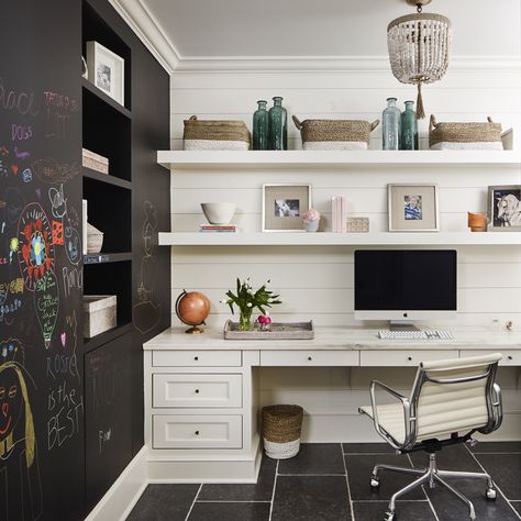 Desk Organization Ideas and Inspiration | Hunker Chalkboard Walls, Desk Organization Ideas, Office Design Trends, Homework Room, Accent Wall Design, Paint Trends, White Floating Shelves, Kids Room Paint, Playroom Storage