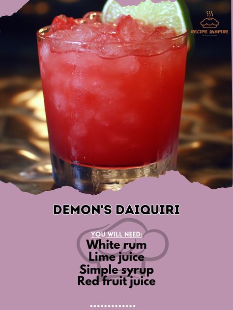 😈 "Demon's Daiquiri—a wickedly delightful cocktail to spice up your Halloween. Dare to try? 👹🍹 #DemonsDaiquiri #HalloweenSips" Demon's Daiquiri Ingredients: White rum (2 oz) Lime juice (1 oz) Simple syrup (1 oz) Red fruit juice (2 oz) Ice cubes (as needed) Instructions: Shake white rum, lime juice, simple syrup, and red fruit juice with ice. Strain into a glass filled with ice. 😈 "Embrace the spooky spirit with Demon's Daiquiri—a devilishly good cocktail that’s perfect for Halloween. Chee... Red Drink Recipes, Red Drinks Alcohol, Simple Alcoholic Drinks, Low Sugar Drinks, Red Drink, Simple Syrup Cocktails, Easy Alcoholic Drinks, Red Drinks, Alcholic Drinks