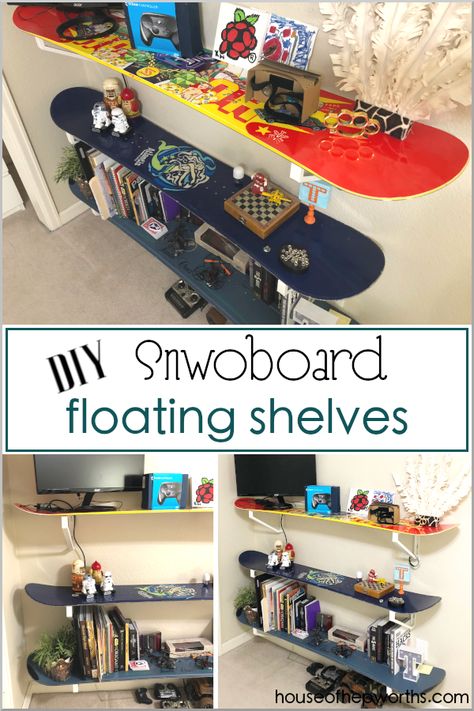 How to make your own snowboard shelves. So cute in your son's bedroom! Tutorial at www.houseofhepworths.com Ski Bedroom Ideas, Snowboard Bedroom, Make Your Own Shelves, Diy Floating Shelves, Creative Kids Rooms, Teenage Boy Room, Shelves Diy, Floating Shelves Diy, Shelves In Bedroom