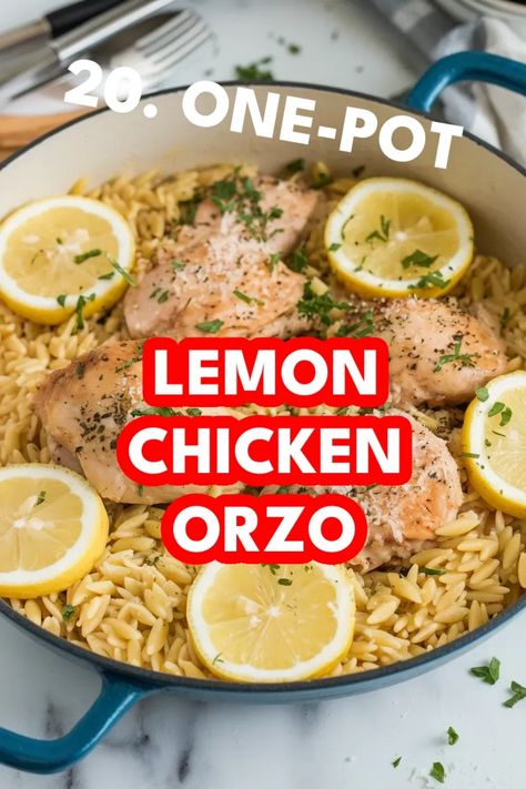 A photo of a 20. One-Pot Lemon Chicken Orzo a Orzo Recipes Baked Lemon Chicken Orzo, Lamb Orzo Recipe, Lemon Chicken Orzo Recipes, Recipes With Orzo Pasta, Easy Orzo Recipes, Instant Pot Orzo, Chicken Orzo Bake, Orzo Recipes Healthy, Lemon Chicken And Orzo