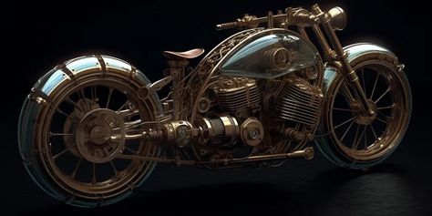 The motorcycle is made of metal and glass. It has a steampunk style ->> more details in ai-img-gen.com Brown Motorcycle, Steampunk Motorcycle, Steampunk Style, Steampunk Fashion, Comfortable Seating, The Future, Black And Brown, Brain, Motorcycles