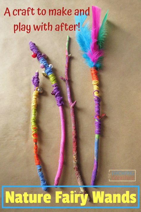 Nature Fairy Wands Craft for Kids • The Growing Creatives Stick Wands Diy, Diy Wands For Kids, Fairy Wands Diy How To Make, Nature Wands For Kids, Fairy Activities For Kids, Fairy Wands Diy, Nature Wands, Forest Crafts, Nature Fairy