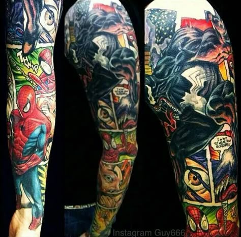 Marvel sleeve Comic Sleeve Tattoo, Spider Man Ideas, Marvel Tattoo Sleeve, Marvel Sleeve, Super Hero Tattoos, Superman Tattoos, Comic Book Tattoo, Hero Tattoo, Spiderman Tattoo