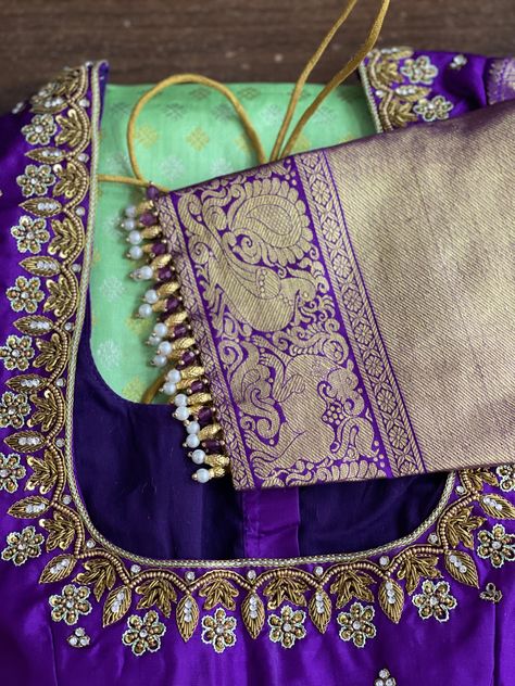 Vasanthi Creations Maggam Work, Blouse Hangings Designs, Magam Work Designs, Blouse Maggam Work, Blue Blouse Designs, Maggam Blouse, Mirror Work Blouse Design, Latest Bridal Blouse Designs, Maggam Work Blouse