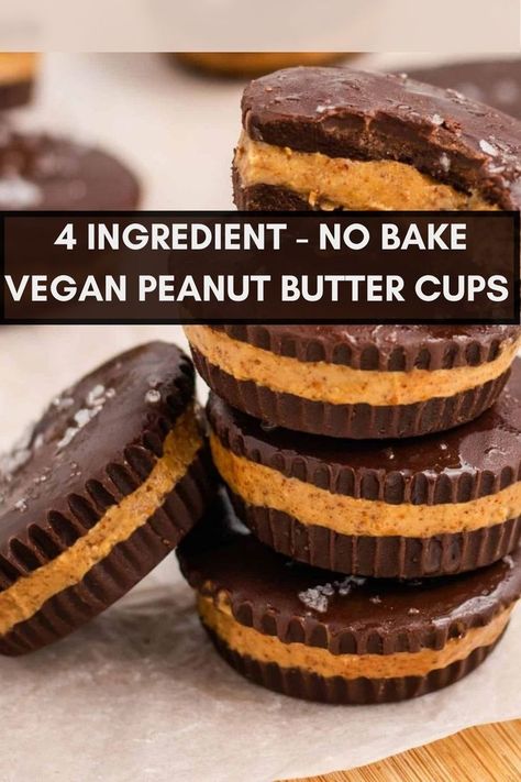 stack of peanut butter cups (vegan) Vegan Peanut Butter Cups, Peanut Butter Cups Recipe, Reeses Cups, Vegan Dark Chocolate, Chocolate Peanut Butter Cups, Vegetarian Snacks Recipes, Best Peanut Butter, Vegan Peanut Butter, No Bake Bars