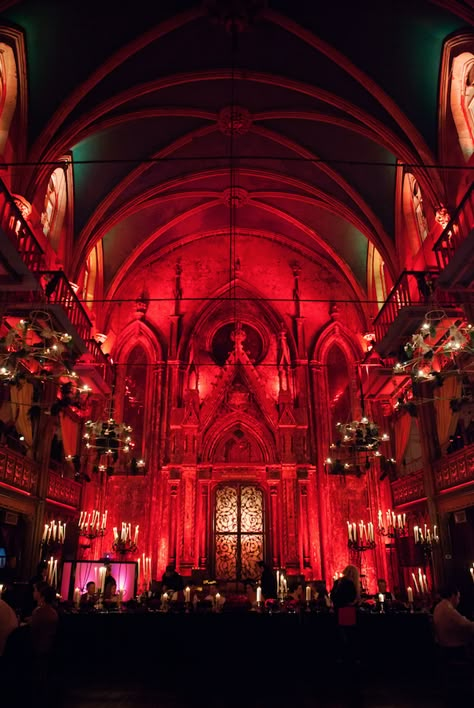 Halloween wedding at Angel Orensanz Foundation Gothic Wedding Alter, Goth Wedding Venue Ideas, Trad Goth Wedding, Red And Black Gothic Wedding, My Chemical Romance Wedding, Haunting Wedding, Fancy Proposal, Vampire Wedding Theme, Vintage Goth Wedding