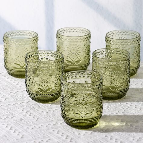 PRICES MAY VARY. 🌻Pretty Vintage Drinking Glassware🌻-- Transport yourself to a botanical wonderland with our set of 6 vintage-style embossed glass cups, adorned with stunning plant motifs that will capture your imagination and elevate your sipping experience to new heights. 🌻Quality Made🌻-- Crafted from premium quality glass, these exquisite glass drinking cups are designed to hold 12oz of your favourite beverage, whether it's a refreshing glass of iced tea or your morning cup of coffee. 🌻E Soda Lemonade, Cozy Brunch, Kitchen Glassware, Glass Cup Set, Lemonade Cocktail, Vintage Drinking Glasses, Vintage Dishware, Glassware Drinking, Green Cups