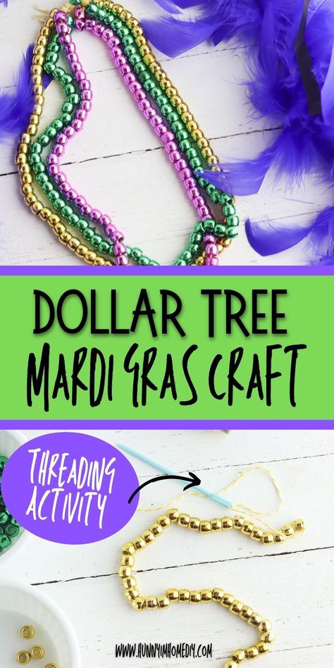 This simple Mardi Gras craft for kids is an easy DIY project for any age to make at home or in the classroom. Whether you have a toddler or a preschooler, this simple craft with beads is a great activity. Grab your supplies at Dollar Tree to make your own Fat Tuesday necklace and practice coordination and fine motor skills. This lacing and threading activity is perfect for improving the pincer grasp, too! Easy Mardi Gras Crafts For Kids, Dollar Tree Mardi Gras Diy, Mardi Gras Diy Crafts, Mardi Gras Crafts For Toddlers, Mardi Gras Crafts For Adults, Mardi Gras Mask Diy, Mardi Gras Beads Crafts, Mardi Gras Activities For Kids, Mardi Gras Crafts For Kids