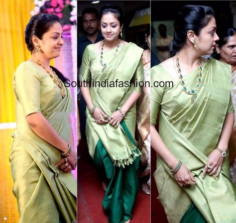 Jyothika in a half and half silk saree Jothika In Saree, Green Kanjeevaram Saree, Half Silk Saree, Rani Haram, Fashion Indian, Indian Saree Blouse, Silk Saree Blouse, Green Saree, Saree Models