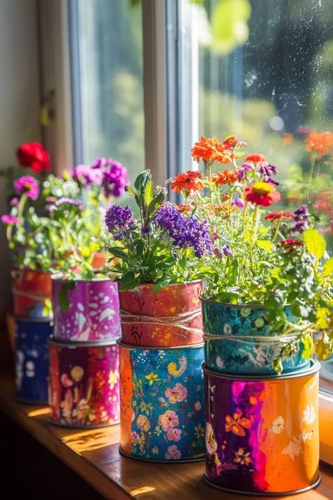 Transform empty tin cans into beautiful planters for your home or garden! A fun and sustainable DIY project for any plant lover. 🌸♻️ #UpcycledPlanters #DIYGardening #EcoFriendlyDecor #SustainableLiving #GreenThumb Sustainable Diy Projects, Tin Can Planters, Can Planters, Sustainable Diy, Upcycled Planter, Unique Planters, Recycled Tin Cans, Eco Decor, Recycled Art Projects