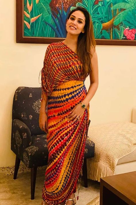 Shop for these amazing collections of Multi Color Asymmetric One Shoulder Pleated Dress For Women by Saaksha & Kinni online at Aza Fashions. Sari Dress, Drape Maxi Dress, Abstract Print Dress, Indian Design, Dress For Women, Festival Wear, Aza Fashion, Cotton Silk, Indian Dresses