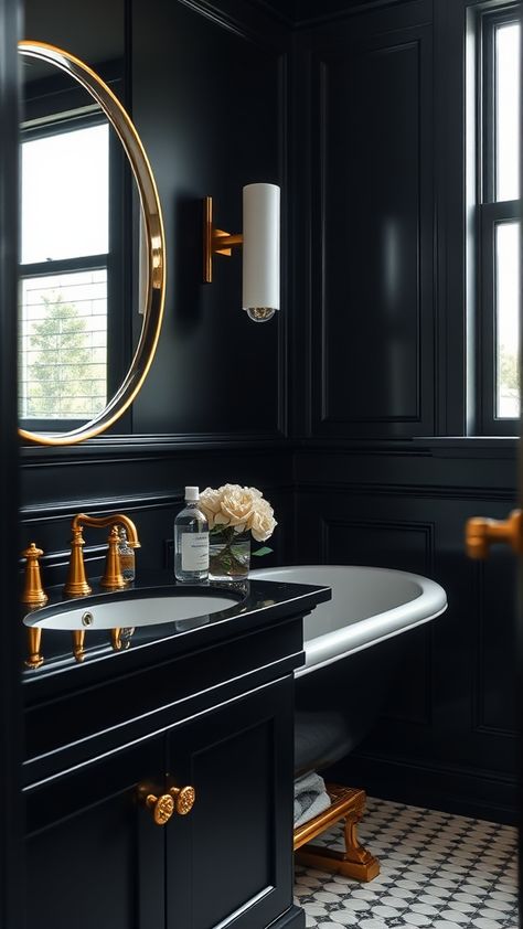 Transform your space with these 15+ Black Bathroom Decor Ideas that effortlessly blend sophistication and modern elegance. Discover how incorporating black elements can add both drama and style to any bathroom, making it a chic sanctuary. Master Bathrooms With Gold Fixtures, Great Gatsby Bathroom Ideas, Dark Bathroom Decor Ideas, Grey And Gold Bathroom Ideas, Modern Wainscoting Ideas Bathroom, Bathroom With Gold Hardware, Bathroom With Black Countertop, Black Painted Bathroom, Moody Modern Bathroom