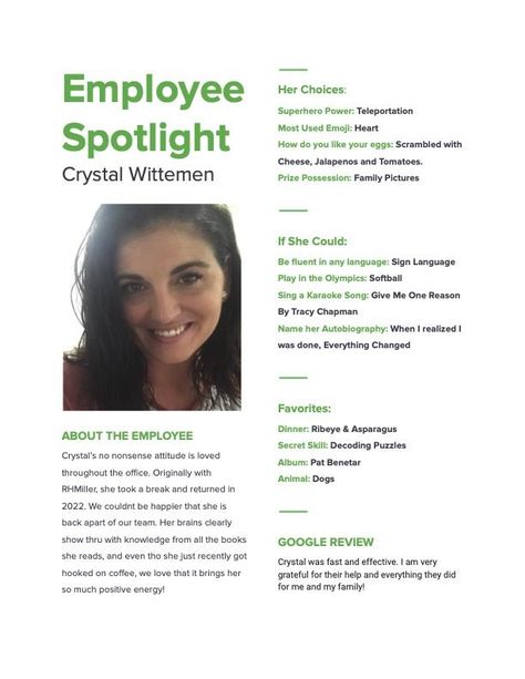 Employee Spotlight Template, Employee Spotlight Questions, Employee Spotlight Board Ideas, Employee Spotlight Social Media, Activities Coordinator, Employee Spotlight, Tracy Chapman, Karaoke Songs, Employee Appreciation