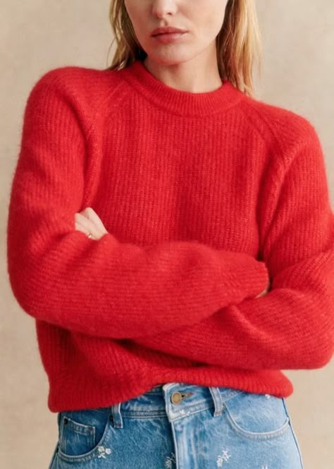 Otto Jumper - Deep Red - Baby Alpaca - Sézane Red Jumper Outfit, Jumper And Jeans, Spring Board, Orange Jumpers, Trendy Outfits Indian, 2024 Wishlist, Jumper Outfit, Red Jumper, Denim Suit