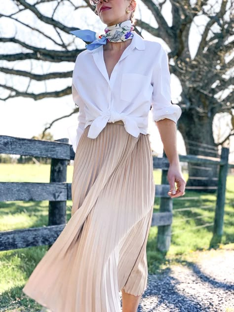 Button Down Shirt With Pleated Skirt, White Silk Scarf Outfit, Spring Skirts 2023, Pleated Silk Skirt Outfit, Pleated Silk Skirt, Silk Pleated Skirt Outfit, White Pleated Skirt Outfit Summer, Royalty Dress Aesthetic, Romantic Look Outfit