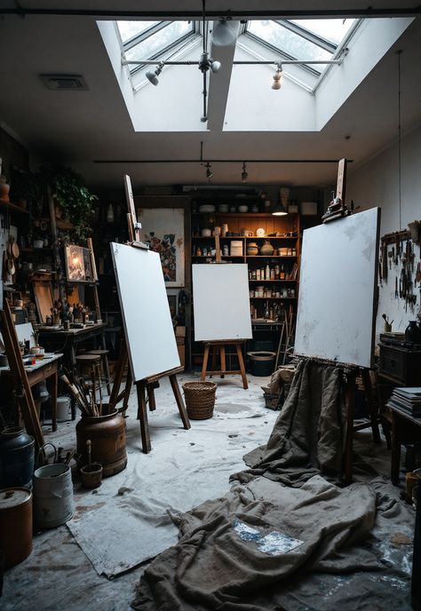 Dark Academia Decor Art Room Aesthetic Dark, Black Art Studio, Art Studio Painting, Dark Academia Art Studio, Artist Aesthetic Dark, Modern Academia Aesthetic, Dark Artist Aesthetic, Dark Academia Classroom, Dark Academia Artist