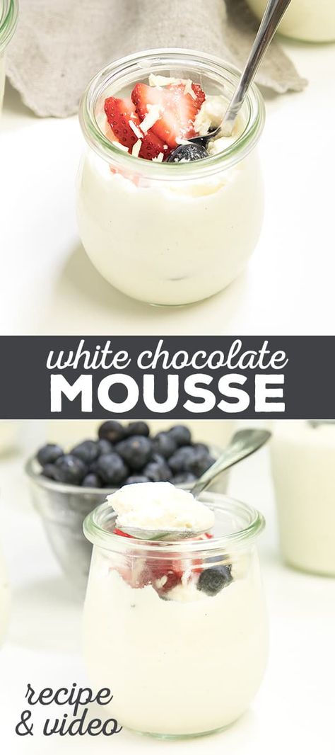 This simple recipe for white chocolate mousse is made without eggs or gelatin, and can be served alone, with berries, or even as the perfect cake filling! White Chocolate Mousse Recipe, Gluten Free Valentines, White Chocolate Shavings, White Chocolate Recipes, Cake Filling, White Chocolate Mousse, Chocolate Mousse Recipe, Creamy Recipes, Bake Recipes