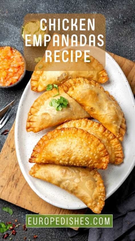 BEST Chicken Empanadas Recipe | Latin American Recipes Cuban Chicken Empanadas, Empanadas Recipe Authentic, Chicken Filling For Empanadas, Best Chicken Empanadas Recipe, Chicken Cheese Empanadas, Authentic Chicken Empanadas Recipe, Empanadas Recipe Dominican, Venezuelan Empanadas Recipe, Chicken Empanadas Puerto Rican