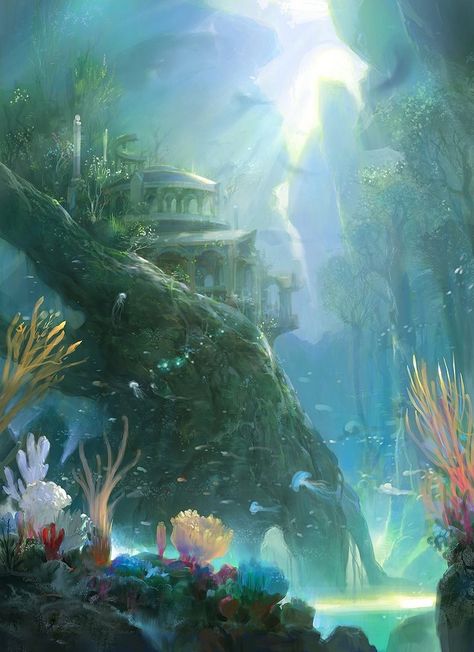 Underwater ruins Underwater Ruins, Underwater City, Underwater Scene, Creation Art, Underwater Art, Fantasy City, Fantasy Places, Fantasy Setting, Arte Inspo