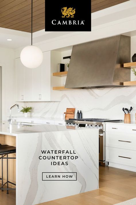 Create a dramatic effect in your kitchen with a quartz waterfall countertop. The continuous flow of surface material creates a visually sleek appearance that is incredibly luxe. Learn more about the latest kitchen design trend and some key considerations on how to include it in your kitchen remodel. Design featured: Brittanicca Warm™ Kitchen Island Quartz, Green Kitchen Backsplash, Waterfall Island Kitchen, Waterfall Countertop, Cambria Countertops, Classy Kitchen, Latest Kitchen Designs, Countertop Ideas, Spanish Modern