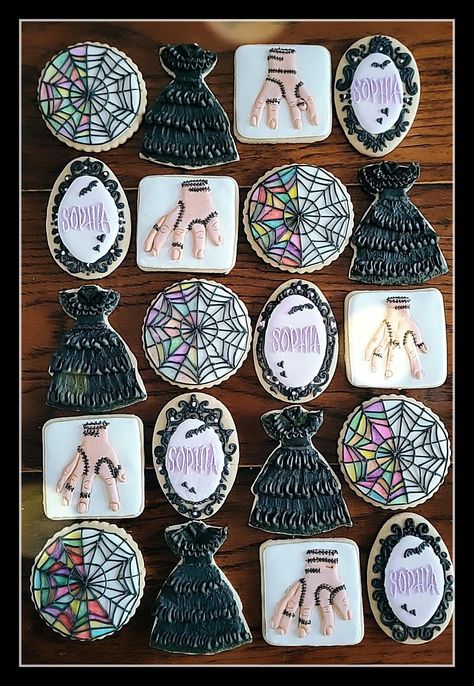 Wednesday Theme Treats, Wensday Cookies, Wensday Adams Cookies, Wednesday Adams Decorations, Wednesday Addams Sweet Table, Addams Family Cookies Decorated, Wensday Adams Party Ideas Food, Wednesday Adams Bday Party, Wednesday And Enid Birthday Party Decorations