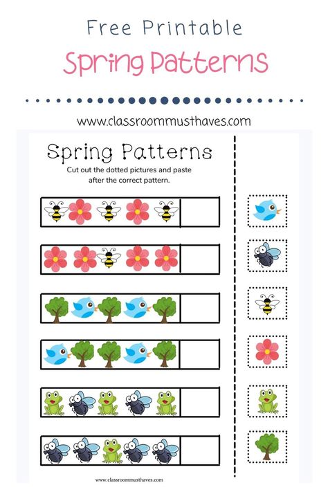 Recognize and complete patterns with the free Spring Patterns Cut & Paste Worksheet. Great for Preschool and Kindergarten. What comes next? Free Spring Activities For Preschool, Spring Worksheets Preschool Free, Spring Patterns Preschool, Patterns For Preschool Free Printables, Preschool Patterns Printables Free, Patterns Worksheets For Preschool, Spring Math Activities Preschool, Complete The Pattern Worksheet, Spring Theme Preschool Activities