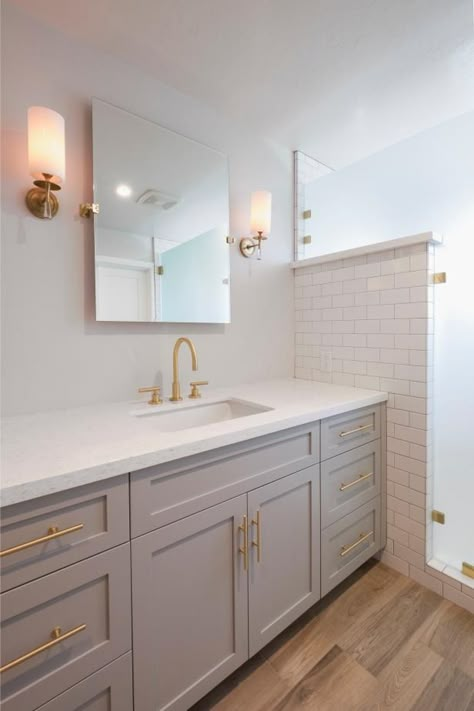 Gold Fixtures, Shower Stall, Vanity, Flooring, Shower, Mirror, Grey, Wood, Gold