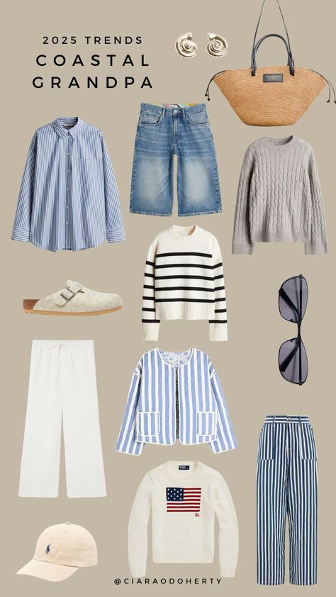 Coastal Grandpa Trend 2025 Coastal Comfy Outfits, Cooler Weather Beach Outfits, Coastal Clothes Aesthetic, Comfy Coastal Outfits, Coastal Grandpa Style, Coastal Grandmother Summer Outfits, Coastal Grandmother Winter Outfits, Scandi Spring Outfits, Spring Beach Outfits Cold