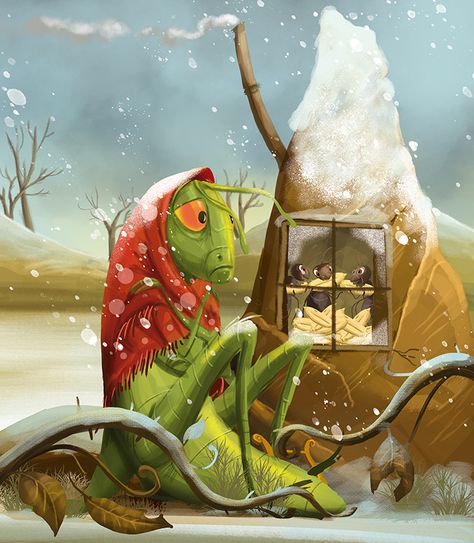 The Ants And The Grasshopper | Illustration By Carlos Arbat Ant Cartoon Illustration, The Ant And The Grasshopper Pictures, Ant And Grasshopper Story Picture, Grasshopper And Ant, Grasshopper Cartoon, Grasshopper Illustration, Pictures Of Ants, Grasshopper Pictures, Grasshopper Images