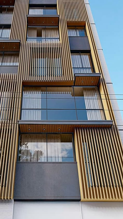 High Rise Building Facade Architecture, Louver Facade Design, Exterior Facade Materials, Apartment Facade Design Architecture, Louvers Facade, Commercial Residential Building Design, Vertical Facade, Modern Facade Design, Wooden Wall Decorating Ideas