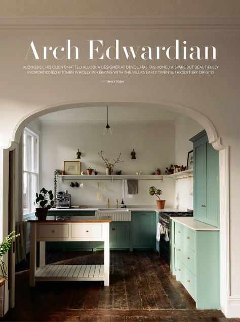 The beautiful Edwardian Villa in Cardiff featured in House & Garden last month! The owners have restored their home so carefully, it's almost as if it has never been restored at all. Our Shaker cupboards fit so seamlessly into the property and the choice to go for Trinity Blue and a Damask island was such a good one. #deVOL #ShakerKitchen #OriginalFloors #OpenShelving Devol Kitchens, Casa Vintage, Shaker Kitchen, Apartment Inspiration, 인테리어 디자인, Dream Kitchen, House Inspiration, A Kitchen, Kitchen Inspirations