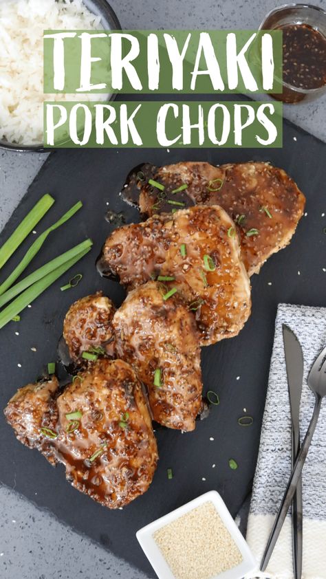 Teriyaki Pork Chops via @manmeetsoven Oven Baked Teriyaki Pork Chops, Teriyaki Boneless Pork Chops, Pork Chop Teriyaki Recipes, Teriyaki Pork Chops Skillet, Oven Bag Pork Chops, Teriyaki Pork Chops In The Oven, Pork Chops Teriyaki, Baked Teriyaki Pork Chops, Thick Pork Chop Recipe