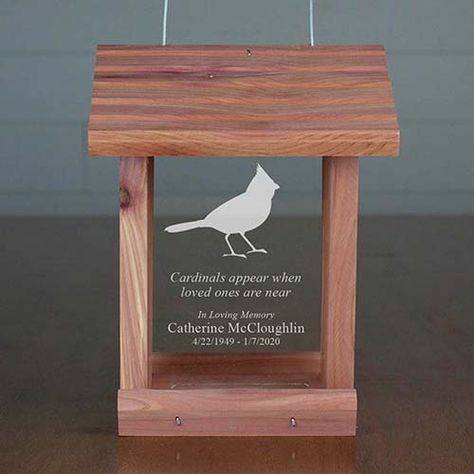 Remembrance Gifts: 75 Creative "In Memory Of" Gift Ideas » Urns | Online Cardinal Bird Feeder, Cardinal Design, Wood Bird Feeder, Sympathy Messages, Memory Jar, Hugs And Cuddles, Willow Tree Figurines, Cardinal Bird, Wood Bird