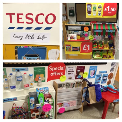 EYFS Tesco supermarket role play area Shop Role Play Area, Supermarket Role Play Area, Domestic Role Play Eyfs, Supermarket Role Play Eyfs, Supermarket Role Play, Food Topic Eyfs, Eyfs Role Play Area, Shop Role Play Eyfs, Role Play Eyfs