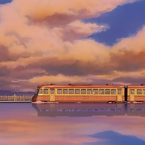 Ghibli Orange Aesthetic, Train Studio Ghibli, Aesthetic Ghibli Scenes, Gibli Studio Aesthetic Icon, Studio Ghibli Astethic, Studio Ghibli Art Aesthetic, Studio Ghibli Aesthetic Icon, Ghibli View, Ghibli Places