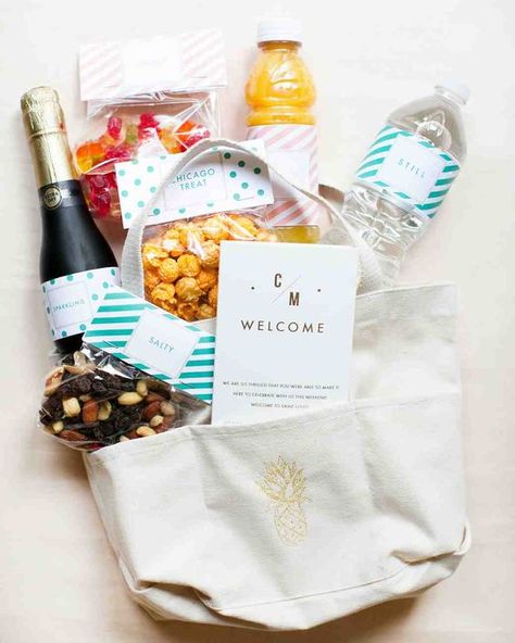 67 Welcome Bags From Real Weddings That Started the Party With a Bang | Martha Stewart Weddings Destination Wedding Etiquette, Wedding Guest Gift Bag, Wedding Guest Etiquette, Guest Gift Bags, Welcome Basket, Welcome Baskets, Destination Wedding Welcome Bag, Welcome Bag, Wedding Etiquette