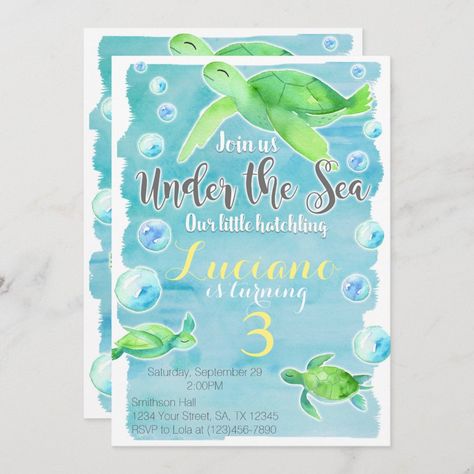 Sea Turtle Birthday Invitation - sea turtle party gifts Turtle Birthday Theme, Sea Turtle Birthday Party, Pool Watercolor, Sea Turtle Birthday, Turtle Birthday Party, Pool Birthday Invitations, Turtle Birthday Parties, Turtle Theme, Ocean Birthday Party